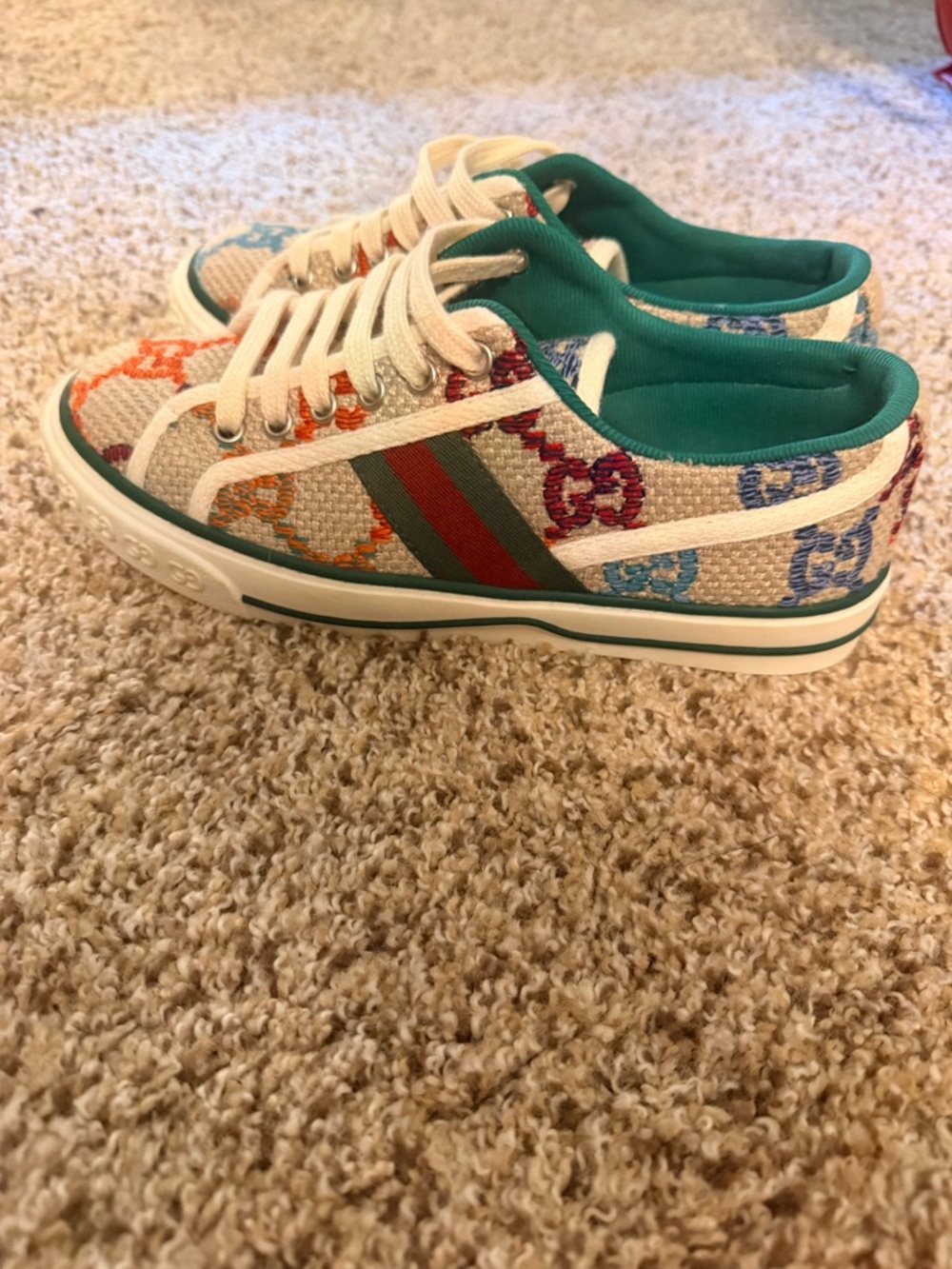 Gucci Womens Multicolor GG Canvas Tennis Sneakers with Green Stripe - Picture 5 of 6